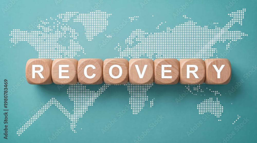 Naklejka premium Wooden blocks with the word recovery on a dotted world map background