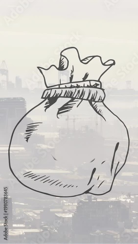 Vertical video: Curved stroke starting money bag forming € sign, filling, fading, showing finance