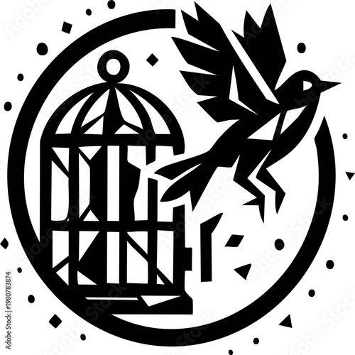 Bird And Cage : Vintage vector illustration of a bird in a cage with house icon, compass earth symbol, silhouette design and black art style