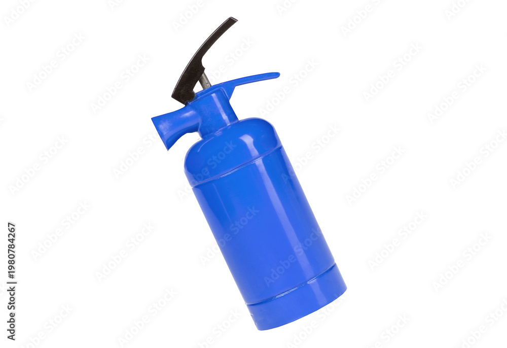 Obraz premium Blue portable fire extinguisher with black trigger handle and hose isolated on transparent background