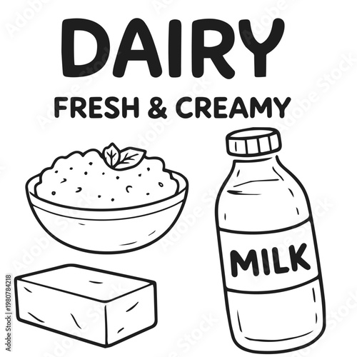 Dairy fresh creamy doodle illustration with milk bottle butter and cottage cheese
