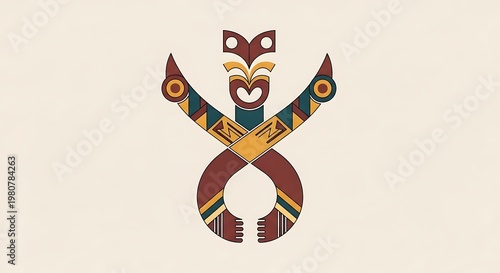 A stylized illustration features a totem-like figure with geometric shapes and earth-toned colors on a cream background. The design is symmetrical