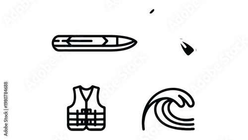 Surfing Safety Essentials: A minimalist depiction showcases vital elements for surfing: a surfboard, life vest, breaking wave, capturing the essence of water safety