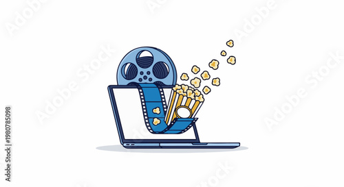 A laptop screen displays a film reel and popcorn, symbolizing movie watching