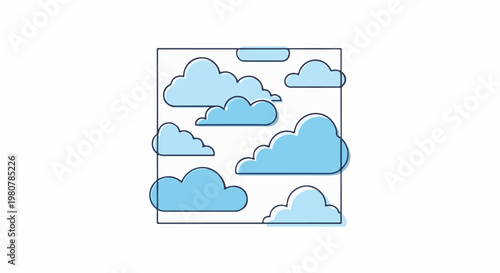 A graphic illustration of various fluffy light blue clouds within a square