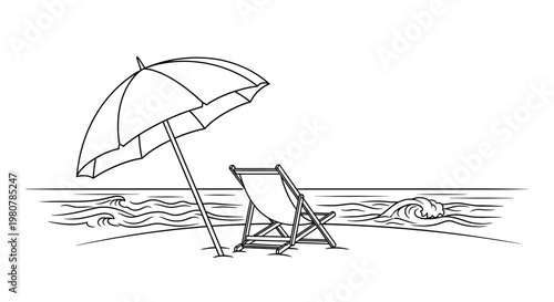 Beach chair and umbrella on sand.
