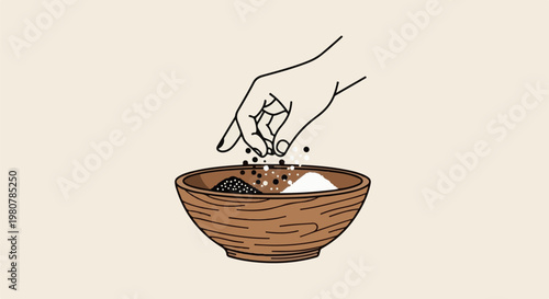 A hand sprinkles spices and salt into a wooden bowl