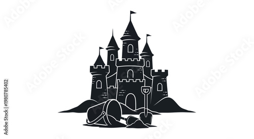 Black and white castle illustration.