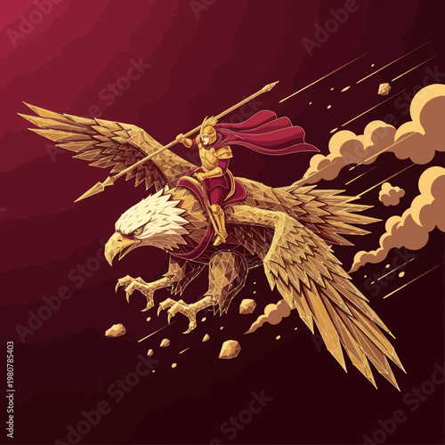 Mythological Warrior Riding Eagle Through Clouds.