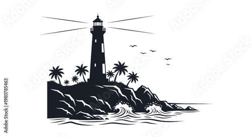 Black and white lighthouse on rocks.