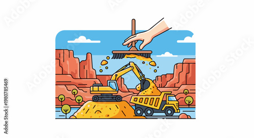A hand sweeps dirt onto a construction site with excavator and truck