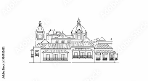 A detailed sketch of a colonial-style building with multiple domes and balconies