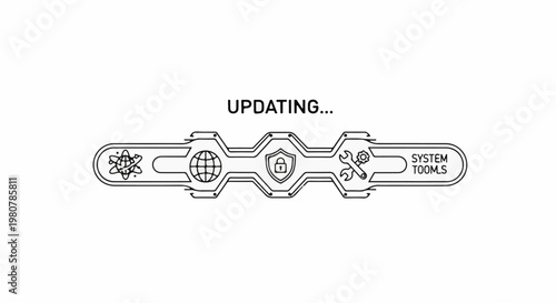 A digital progress bar displays "UPDATING..." with icons representing globe, lock, and tools