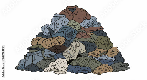 A large, overflowing pile of casually folded and crumpled clothes, mostly muted colors