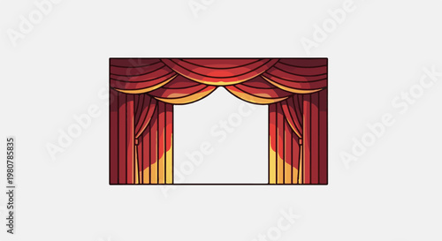 A digital rendering of a closed, ornate theater curtain in deep red and gold