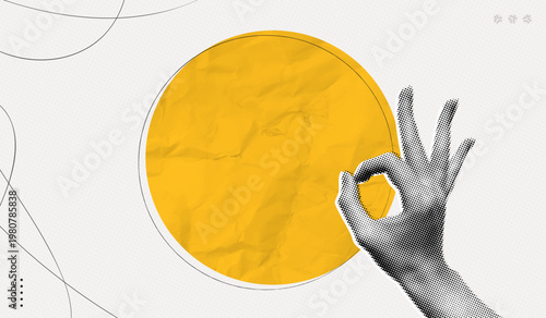 Trendy Halftone Collage Hand showing Okay Gesture. Empty speech bubble message. Good idea. Ok sign. Dots texture. Contemporary vector illustration art