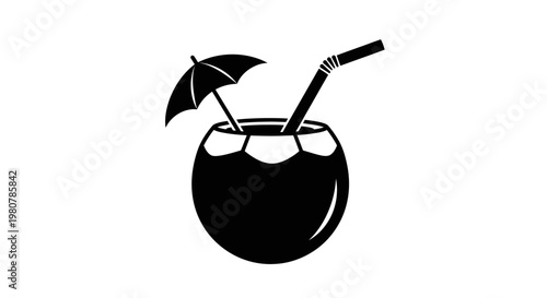 Black cocktail with umbrella straw.