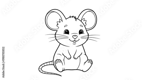 A cute cartoon mouse smiling outline for a coloring book.
