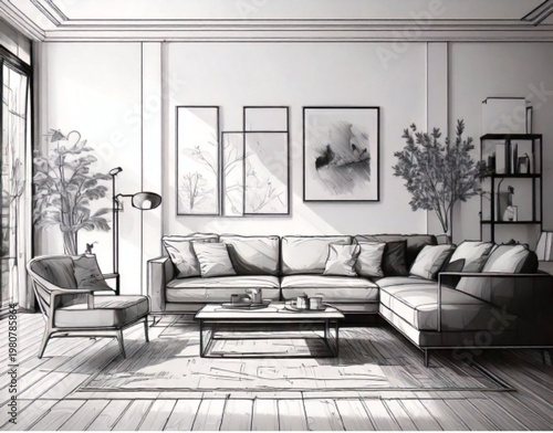 Modern Living Room Interior Design with Sectional Sofa and Artwork.