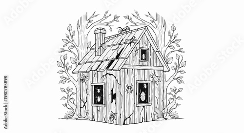 A dilapidated wooden house surrounded by trees, occupied by various insects