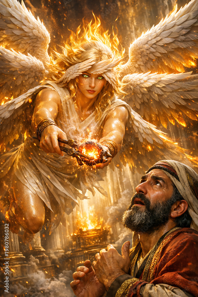 Fototapeta premium Seraph flying toward Isaiah with glowing coal in tongs.