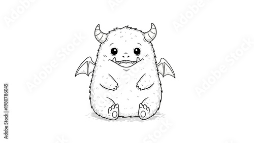 Cute little monster line art illustration for coloring book.