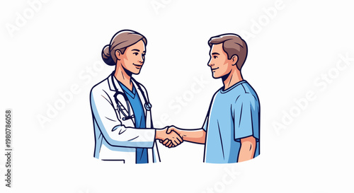 A doctor in a white coat shakes hands with a patient in a blue shirt