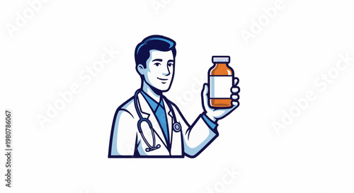 A doctor in a white coat and stethoscope holds a medicine bottle