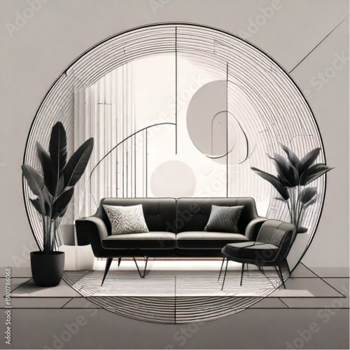 Modern Living Room Interior with Sofa and Plants.