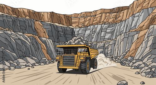 A large yellow haul truck carrying rocks drives through a quarry