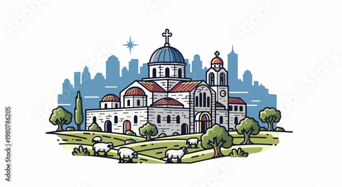 A domed building with a cross sits on a hill with sheep and trees, city skyline behind