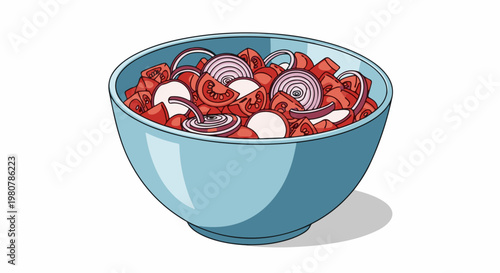 A light blue bowl overflows with a vibrant, fresh salad of diced red tomatoes and thinly sliced red onions