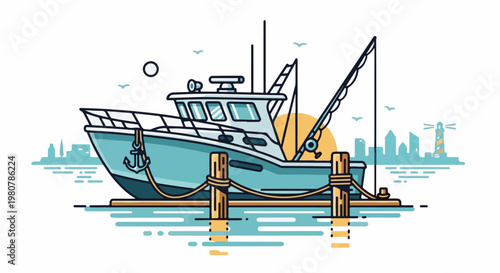 A light blue fishing boat is moored to a dock with a city skyline and lighthouse in background