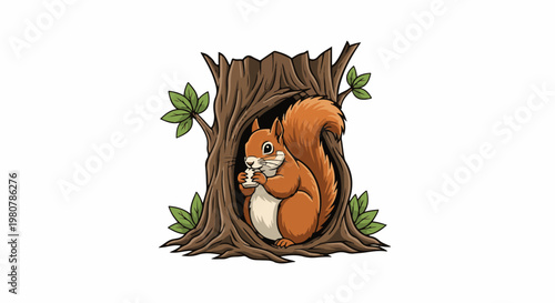 A cute cartoon squirrel eats a nut inside a tree hollow