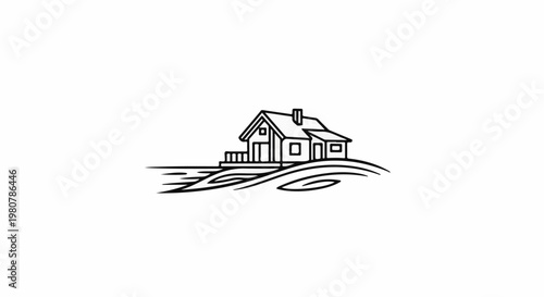 A line art drawing of a house with a chimney on a hill
