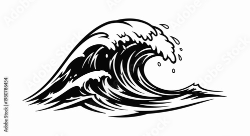 A dramatic black and white depiction of a large, crashing wave