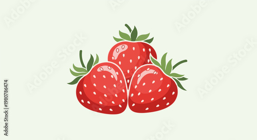 A cluster of three ripe red strawberries with green leafy tops