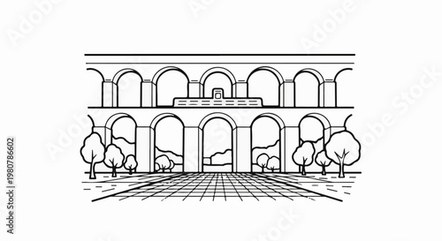 A line art illustration of an arcade with trees and a tiled path