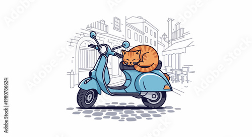 A cute ginger cat naps on a blue scooter parked on a cobblestone street