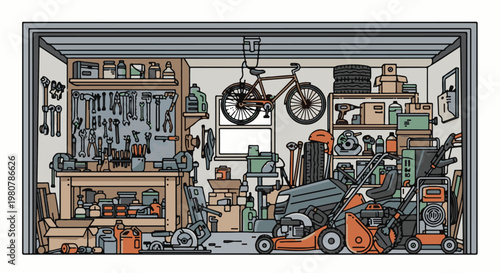 A cluttered garage workshop filled with tools, equipment, and storage items
