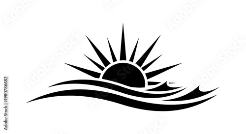 Black sun rising over wavy lines.