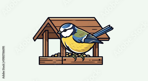 A colorful bird perches on a wooden feeder filled with seeds