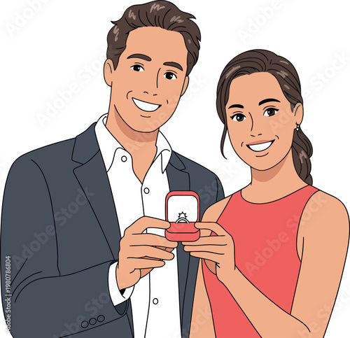 Cartoon man and woman holding engagement ring proposal isolated on transparent background