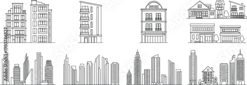 City buildings and skyscrapers line icon set with urban skyline cityscape architecture and house exterior silhouettes isolated on white background for design