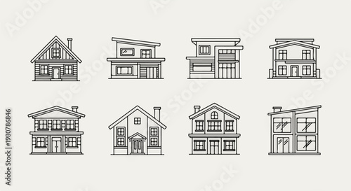 A collage of eight different house illustrations in a minimalist outline style