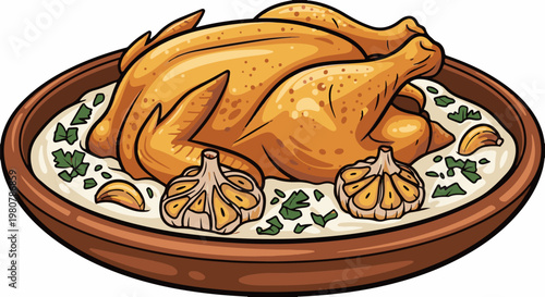 A delicious roasted chicken is presented in a creamy sauce with garlic and herbs