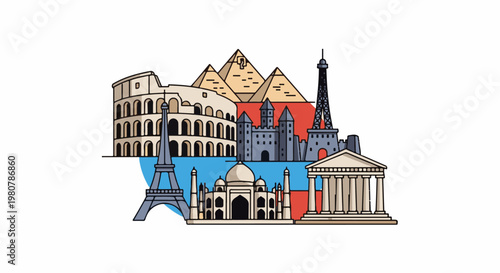 A collage of famous global landmarks in a simplified, colorful, illustrative style