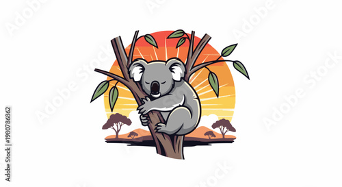 A cute koala naps peacefully in a tree at sunset