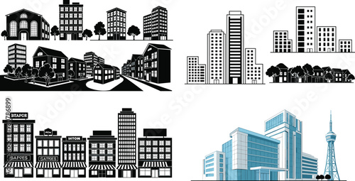 City buildings and urban skyline silhouette set with modern office towers houses and commercial architecture isolated on white background for creative design