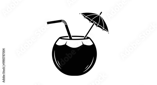 Coconut Drink with Umbrella and Straw.